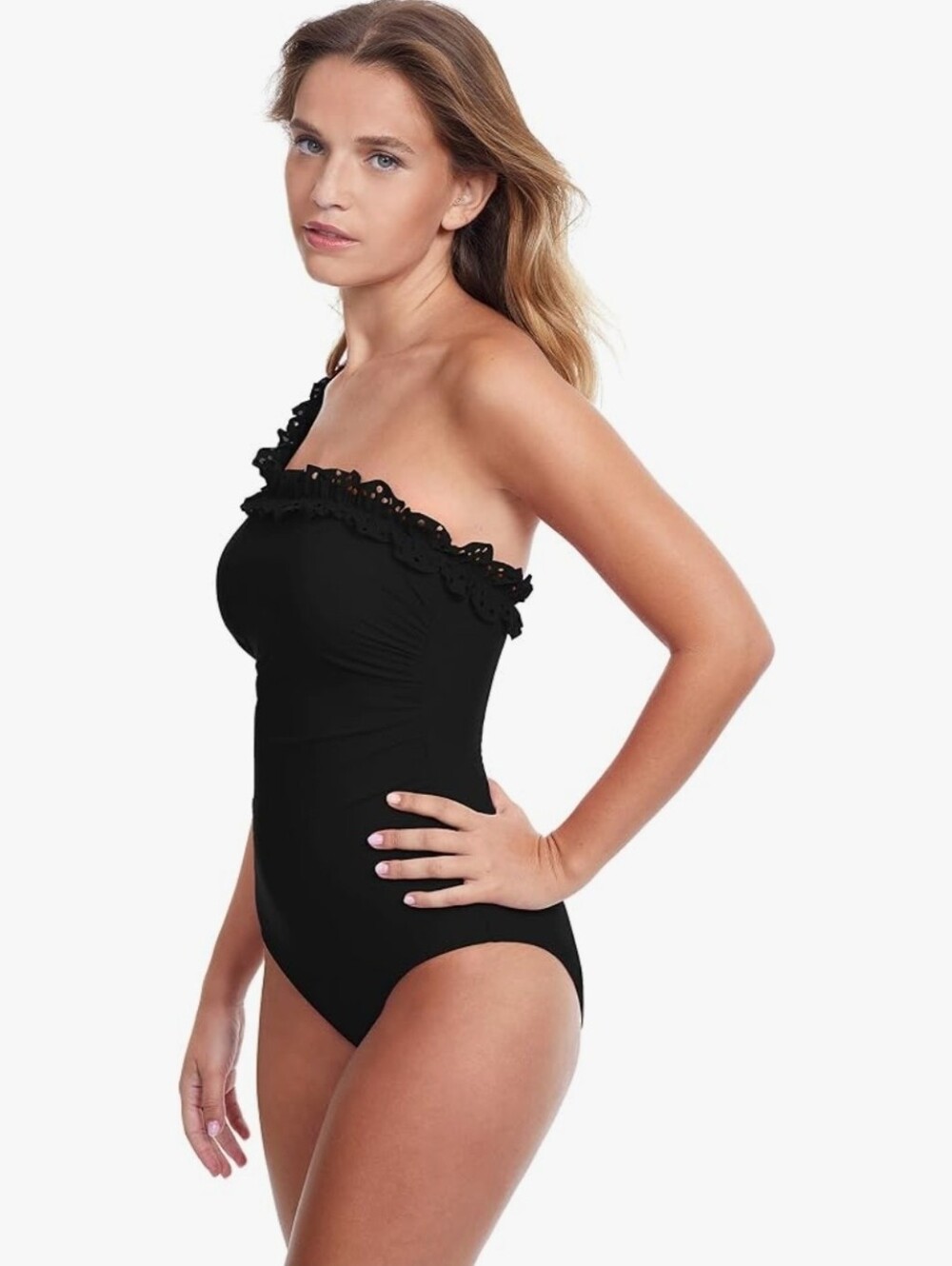 Profile by Gottex Hula Dance Ruffle One Shoulder One Piece Swimsuit Black Sz 14